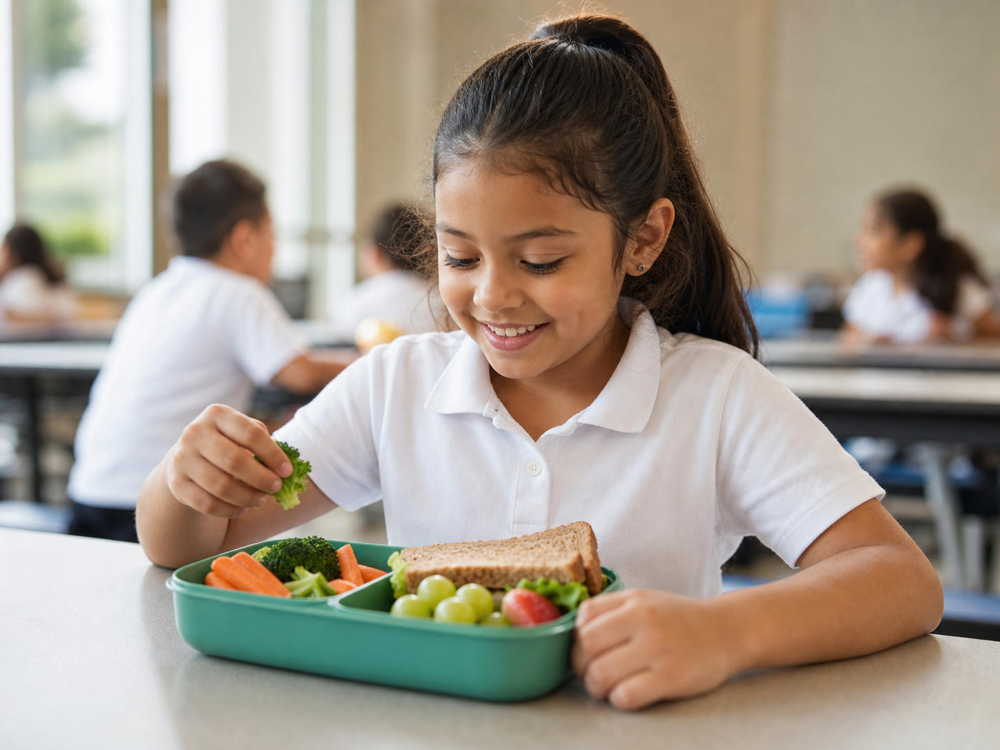 Alumna disfrutando un lunch saludable en la cafetería escolar
