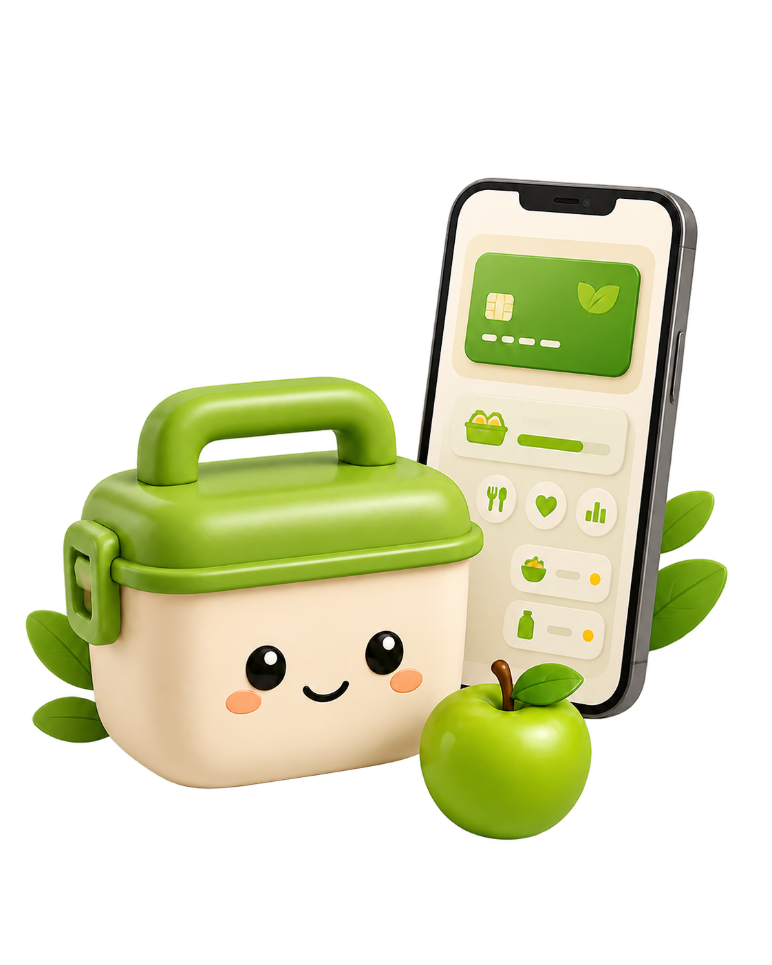 Lunchera verde sonriente junto a una manzana y la aplicación School en un teléfono